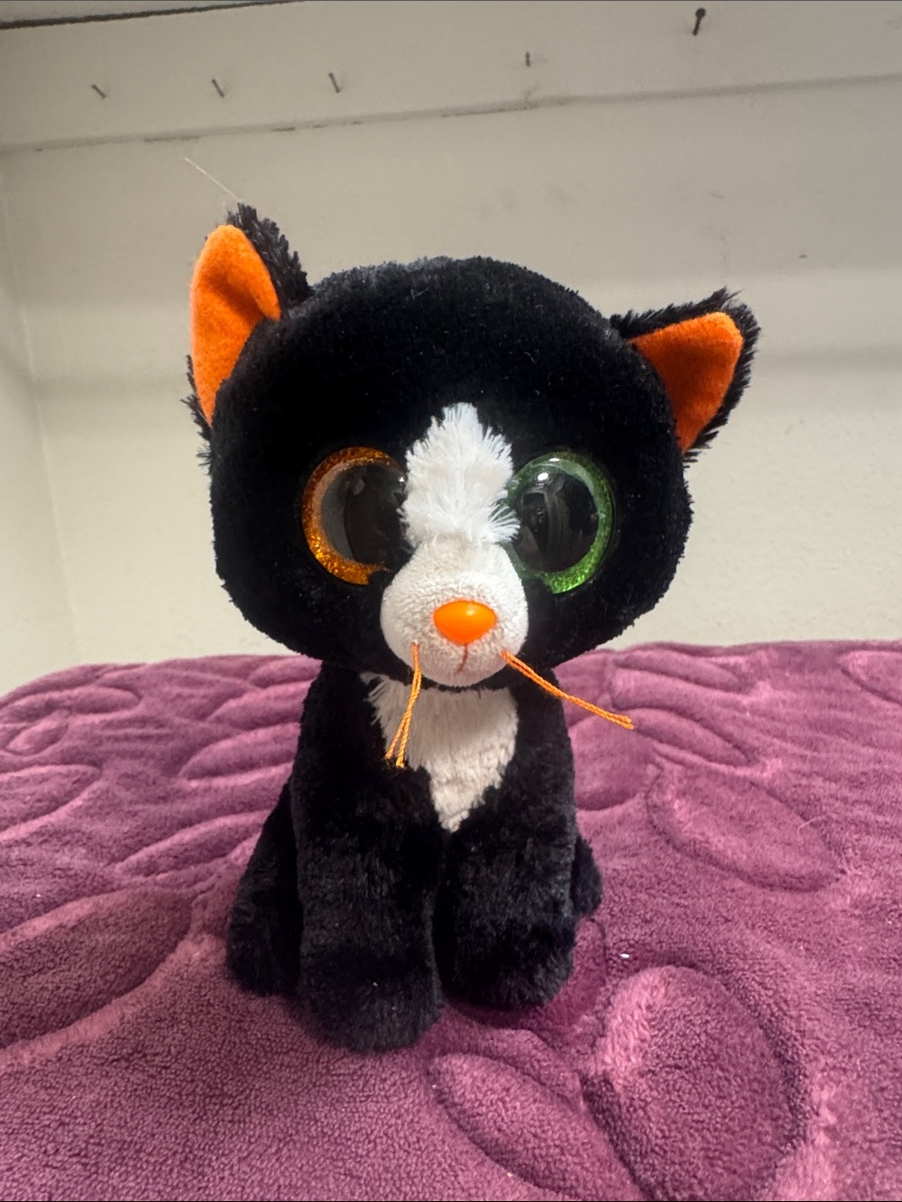 Ty Black Plush Cat with Orange Accents and Mismatched Sparkle Eyes